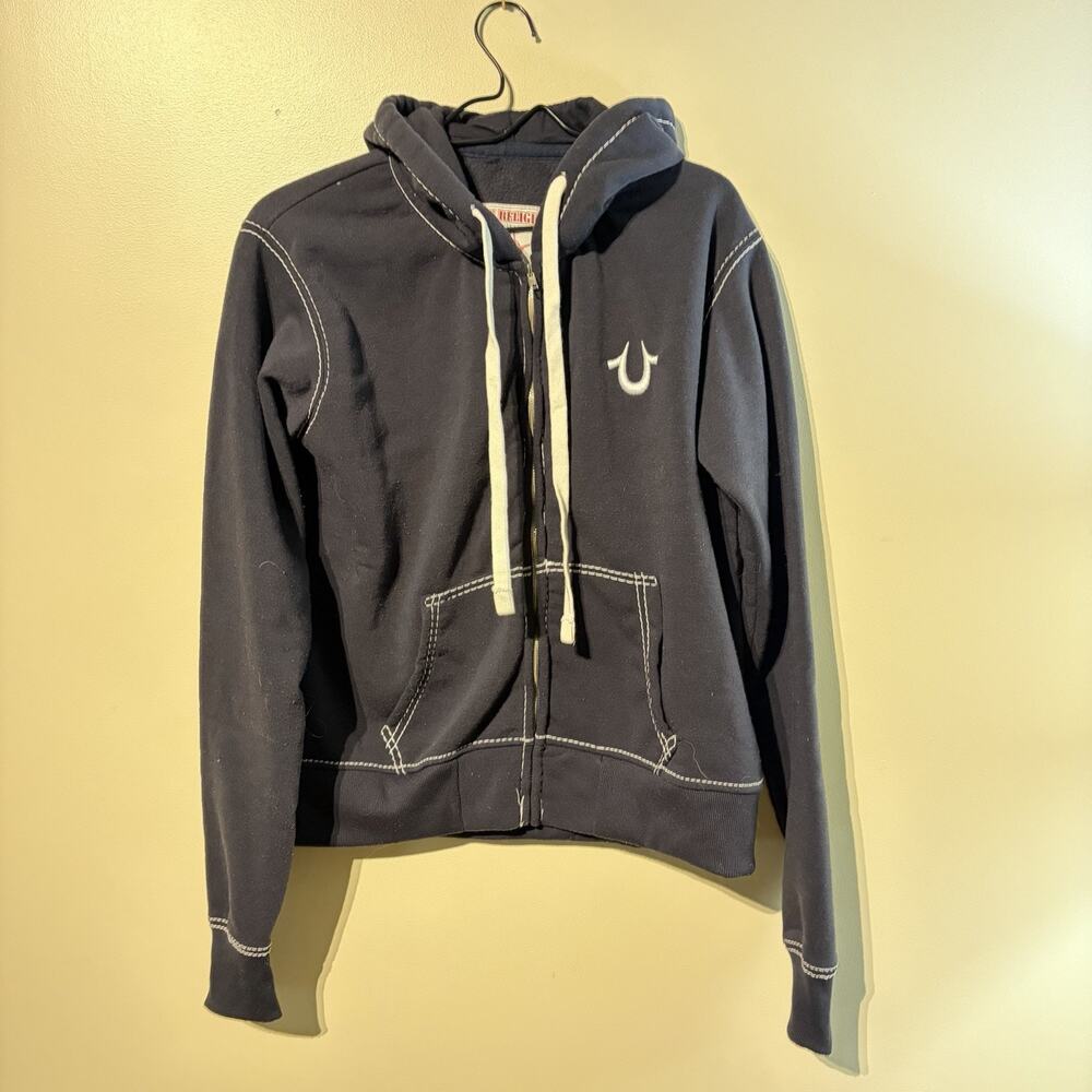 Vintage Y2K True Religion Women Medium Dark Navy Blue Horseshoe Full Zip Hoodie